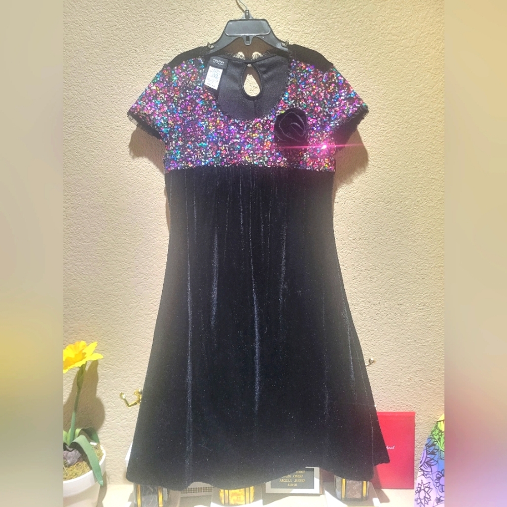 Holiday Edition girls size 14/16 black velour dress with multicolored sequin top